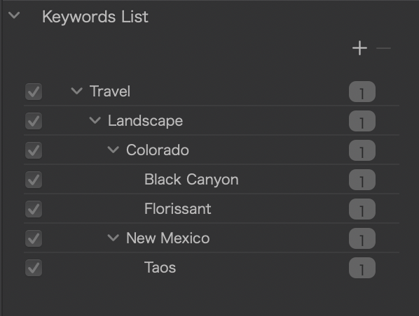 Image showing an example keyword list as it is presented when several images are selected in PhotoLab.