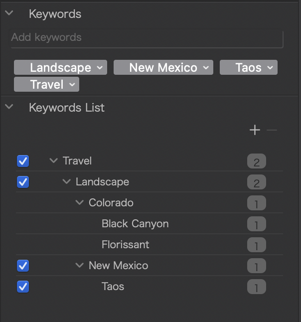 Image showing an example keyword list after a keyword has been selected from the list and applied to an image.