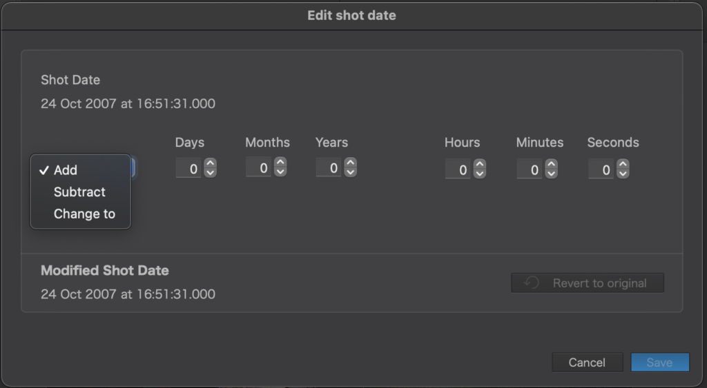 Image showing how capture date and capture time of a selected image can be changed.